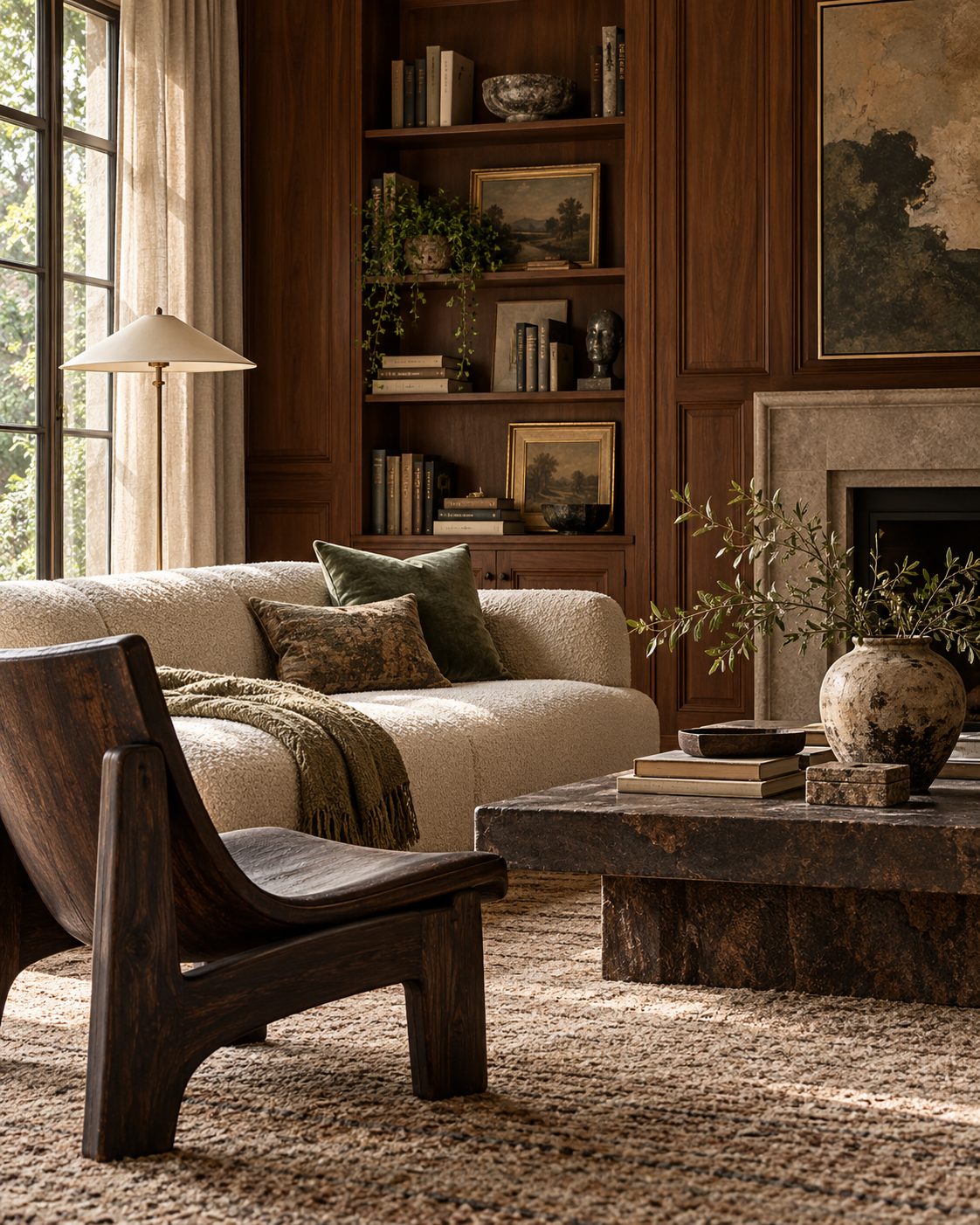 Warm walnut residential sitting room with tactile fabrics