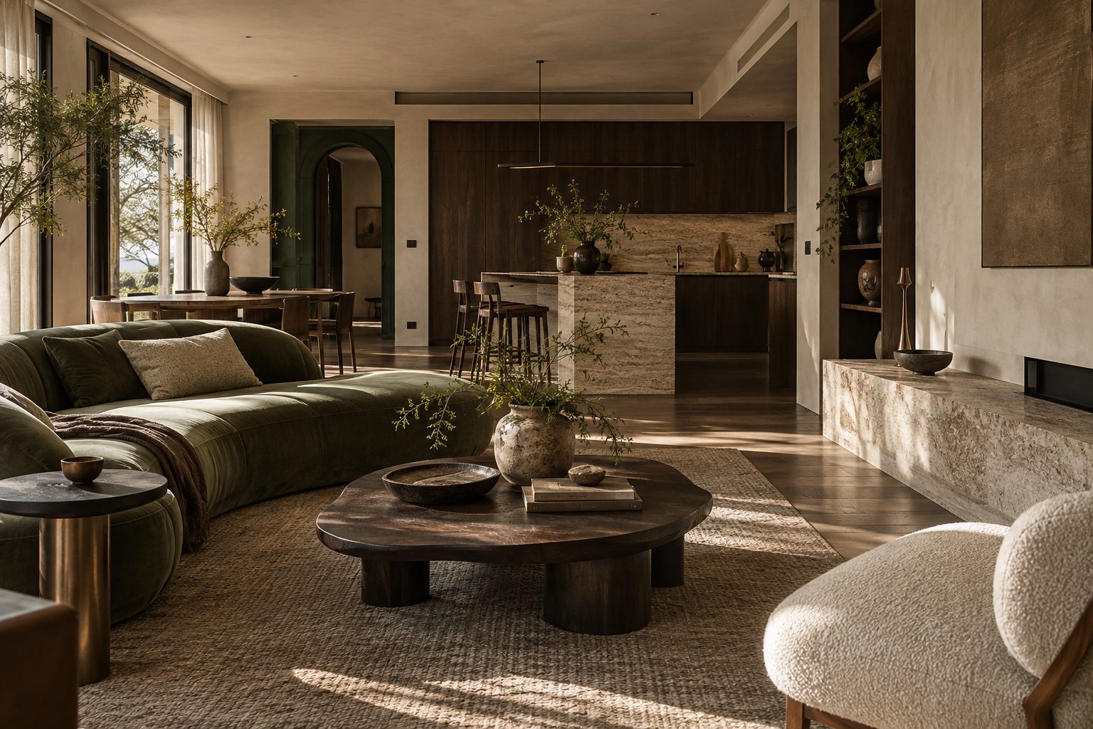 Architectural living space with warm timber, natural light and considered circulation